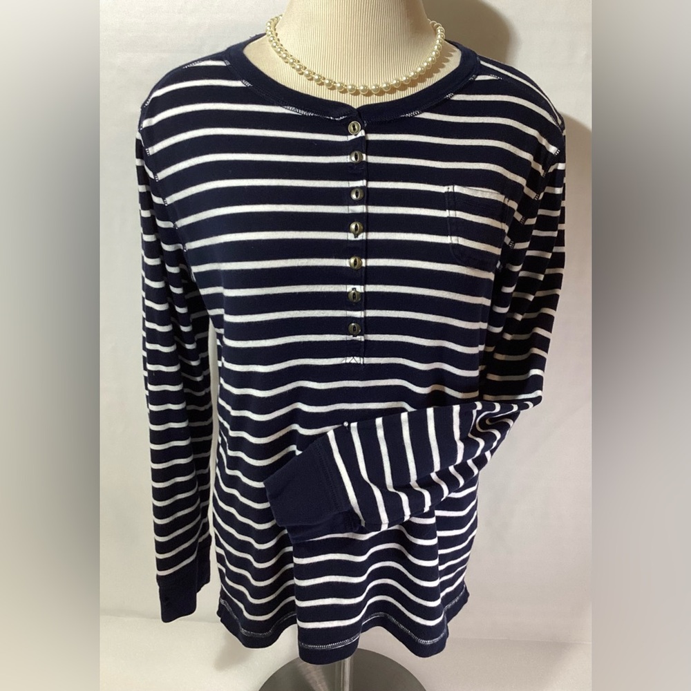 Lauren Ralph Lauren Top Size XL Striped Black/White Pullover 100% Cotton Knit